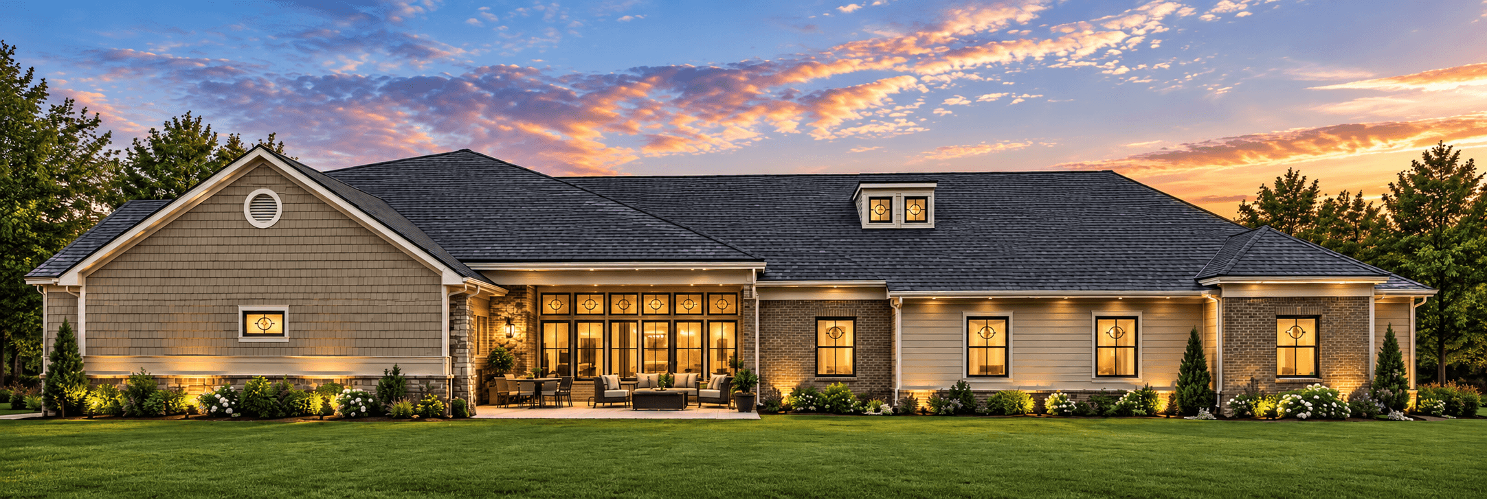 Architectural rendering of the rear of a Reserve home, with a covered patio, outdoor seating, and a wide garden lawn.