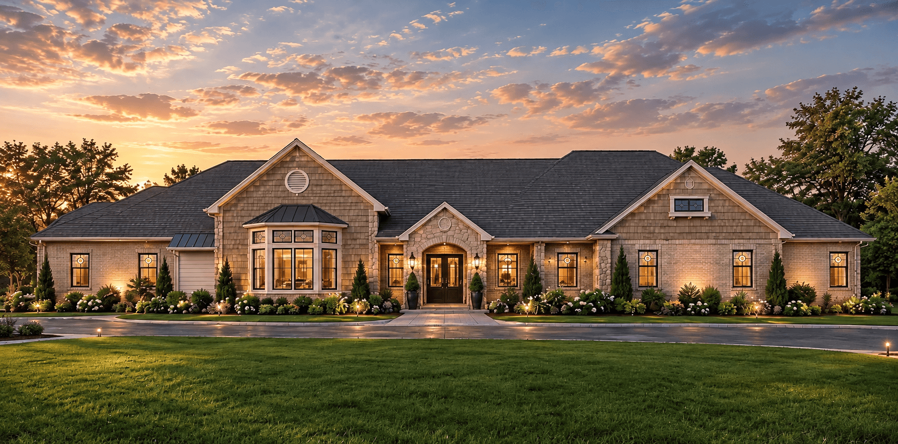 Architectural rendering of the front of a single-story Reserve home at sunset, with a stone entry, lit windows, and landscaped lawn.